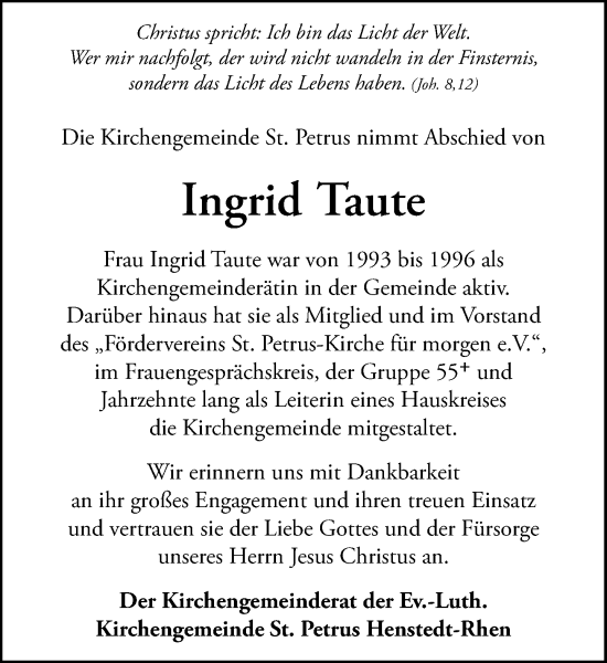 Traueranzeige von Ingrid Taute von Umschau