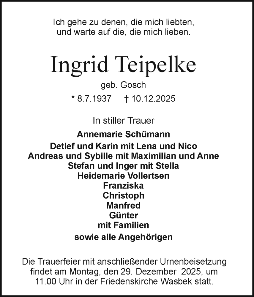  Traueranzeige für Ingrid Teipelke vom 20.12.2025 aus Holsteinischer Courier