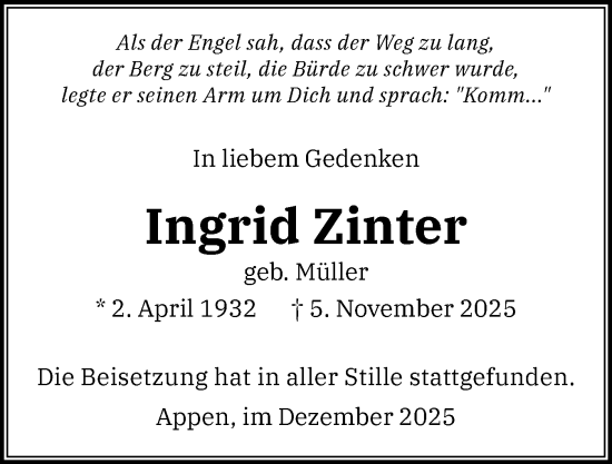 Traueranzeige von Ingrid Zinter von Region Pinneberg und tip Pinneberg
