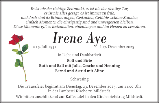 Traueranzeige von Irene Aye von Husumer Nachrichten, Nordfriesland Tageblatt