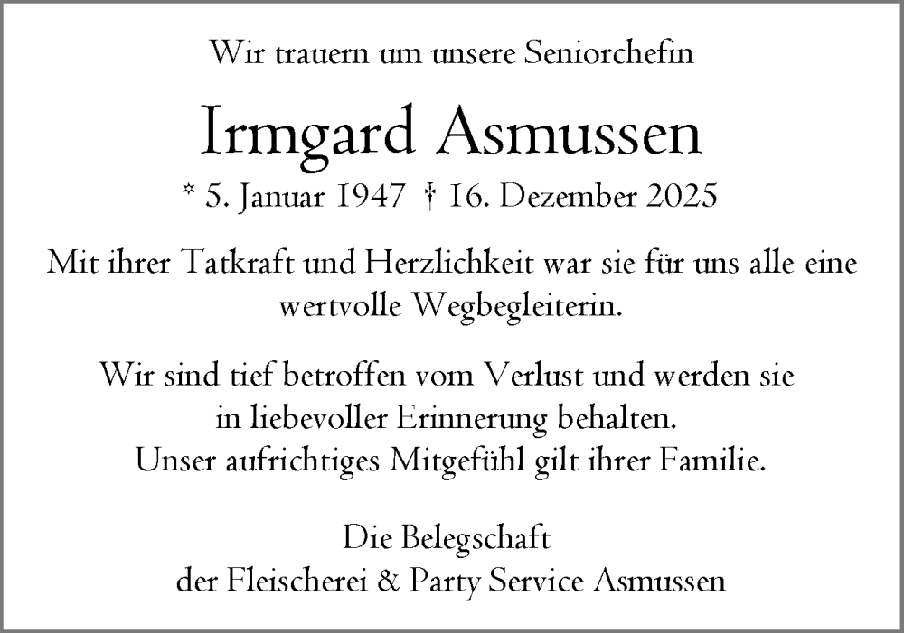  Traueranzeige für Irmgard Asmussen vom 20.12.2025 aus Norddeutsche Rundschau, Wilstersche Zeitung, Glückstädter Fortuna