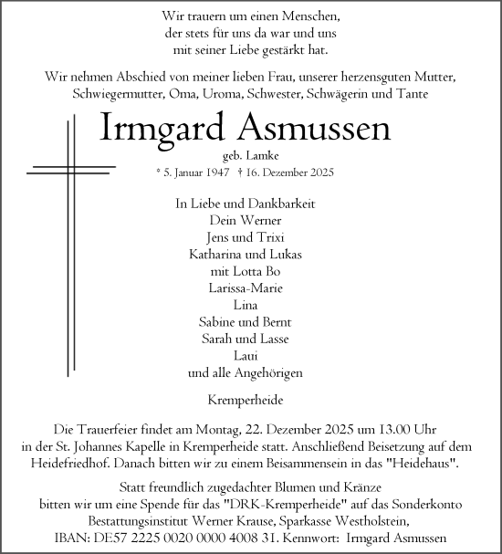 Traueranzeige von Irmgard Asmussen von Norddeutsche Rundschau, Wilstersche Zeitung, Glückstädter Fortuna
