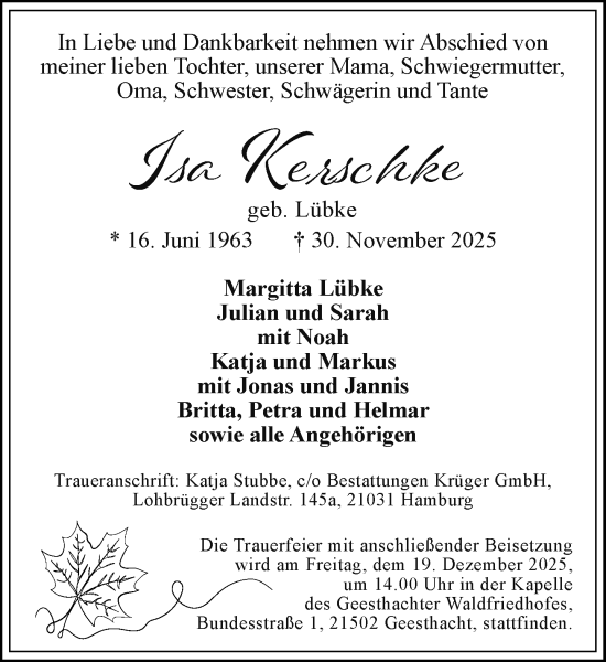Traueranzeige von Isa Kerschke von MARKT Glinde/Reinfeld