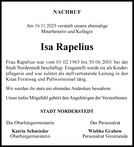 Traueranzeige von Isa Rapelius von Heimatspiegel