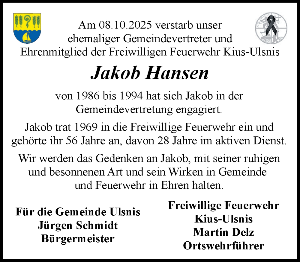  Traueranzeige für Jakob Hansen vom 17.12.2025 aus Schleswiger Nachrichten, Schlei-Bote
