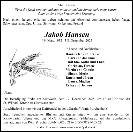 Traueranzeige von Jakob Hansen von Flensburger Tageblatt, Schleswiger Nachrichten, Schlei-Bote