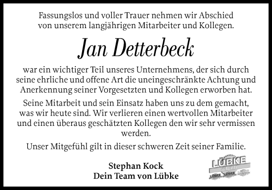 Traueranzeige von Jan Detterbeck von Flensburger Tageblatt, Schleswiger Nachrichten, Schlei-Bote