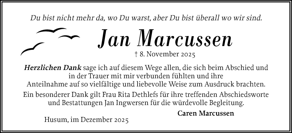  Traueranzeige für Jan Marcussen vom 06.12.2025 aus Husumer Nachrichten, Nordfriesland Tageblatt
