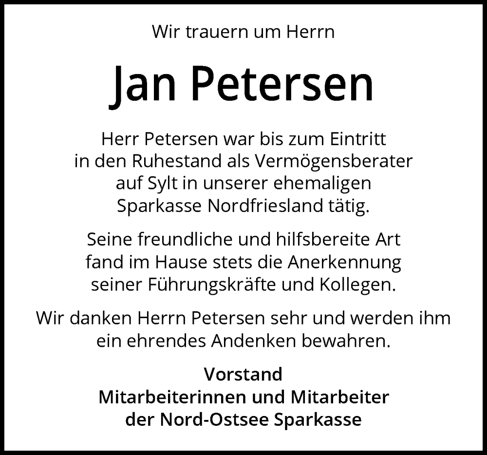  Traueranzeige für Jan Petersen vom 17.12.2025 aus Flensburger Tageblatt