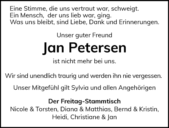 Traueranzeige von Jan Petersen von Sylter Rundschau