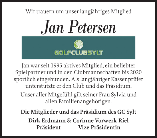 Traueranzeige von Jan Petersen von Sylter Rundschau
