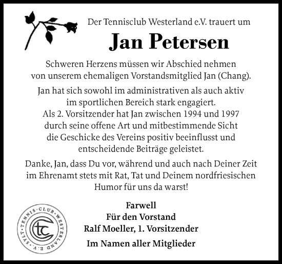 Traueranzeige von Jan Petersen von Sylter Rundschau