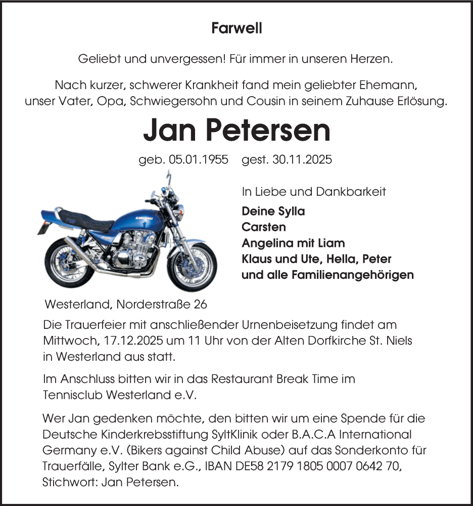  Traueranzeige für Jan Petersen vom 13.12.2025 aus Sylter Rundschau