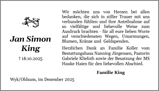 Traueranzeige von Jan Simon King von Region Westküste