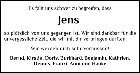 Traueranzeige von Jens  von Schleswig-Holsteinische Landeszeitung
