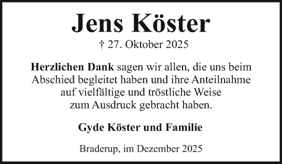 Traueranzeige von Jens Köster von Region Westküste