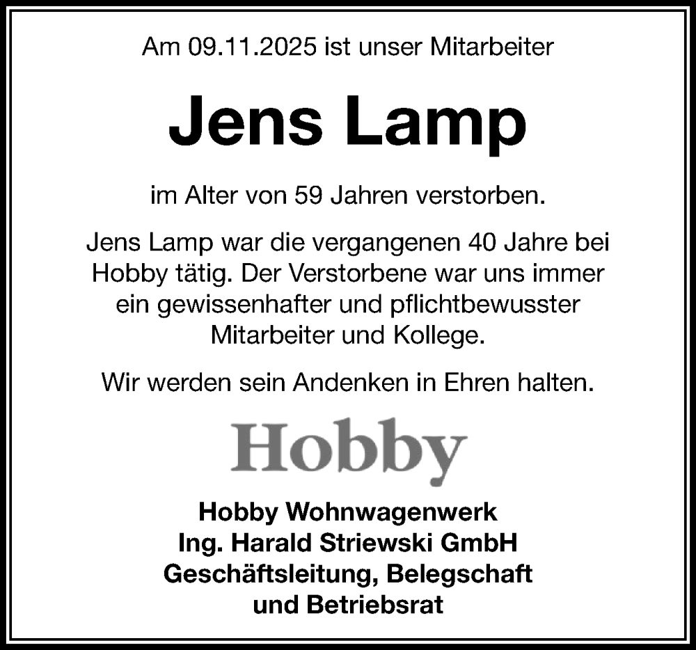  Traueranzeige für Jens Lamp vom 06.12.2025 aus Schleswig-Holsteinische Landeszeitung