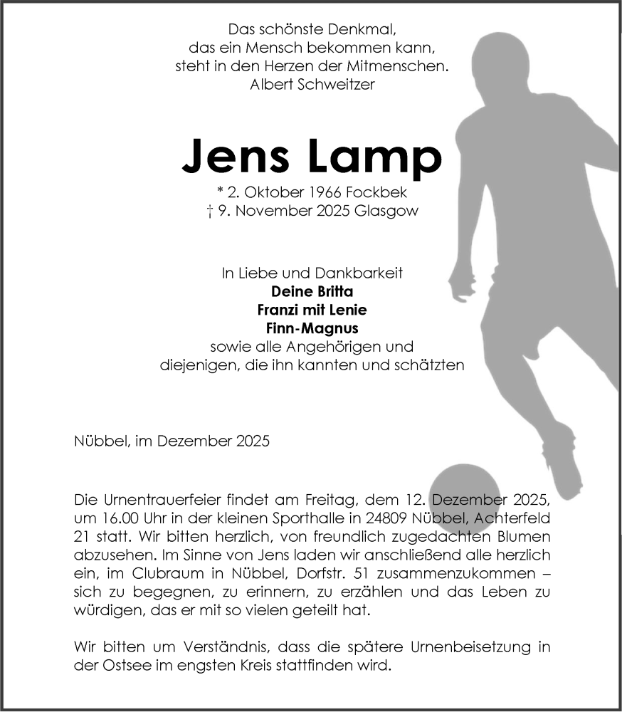  Traueranzeige für Jens Lamp vom 06.12.2025 aus Schleswig-Holsteinische Landeszeitung
