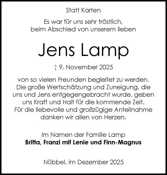 Traueranzeige von Jens Lamp von Schleswig-Holsteinische Landeszeitung