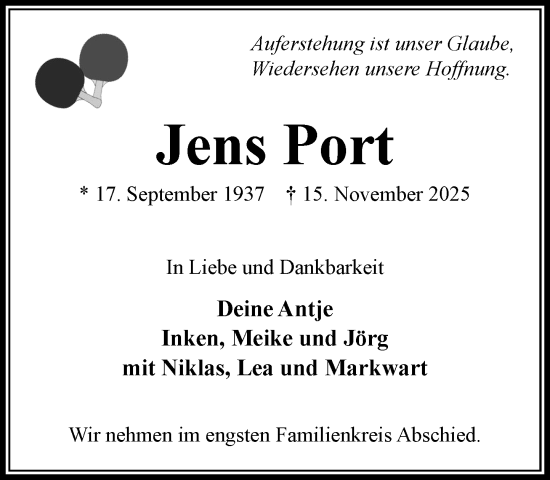 Traueranzeige von Jens Port von Wochenend Anzeiger