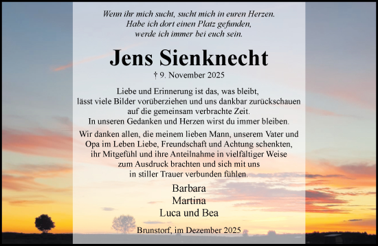 Traueranzeige von Jens Sienknecht von Wochenend Anzeiger