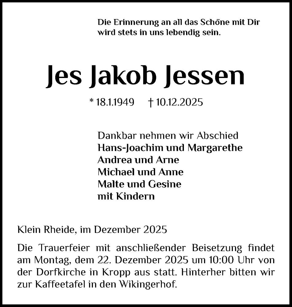  Traueranzeige für Jes Jakob Jessen vom 17.12.2025 aus Schleswiger Nachrichten, Schlei-Bote
