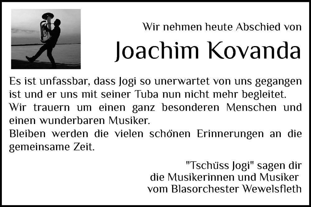  Traueranzeige für Joachim Kovanda vom 19.12.2025 aus Norddeutsche Rundschau, Wilstersche Zeitung, Glückstädter Fortuna