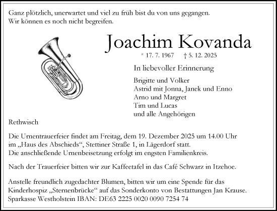 Traueranzeige von Joachim Kovanda von Norddeutsche Rundschau, Wilstersche Zeitung, Glückstädter Fortuna