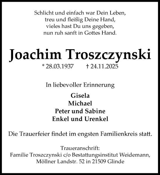 Traueranzeige von Joachim Troszczynski von MARKT Glinde/Reinfeld