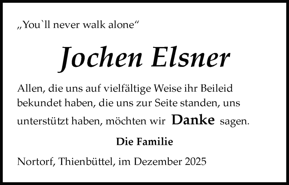  Traueranzeige für Jochen Elsner vom 13.12.2025 aus Schleswig-Holsteinische Landeszeitung