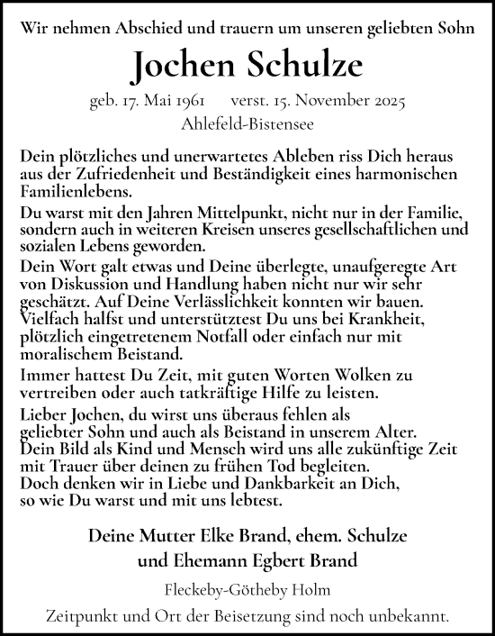 Traueranzeige von Jochen Schulze von Eckernförder Zeitung, Hallo Eckernförde