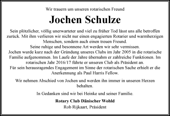 Traueranzeige von Jochen Schulze von Eckernförder Zeitung, Hallo Eckernförde