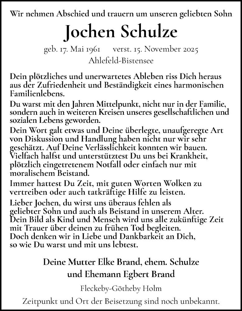  Traueranzeige für Jochen Schulze vom 13.12.2025 aus Eckernförder Zeitung, Hallo Eckernförde