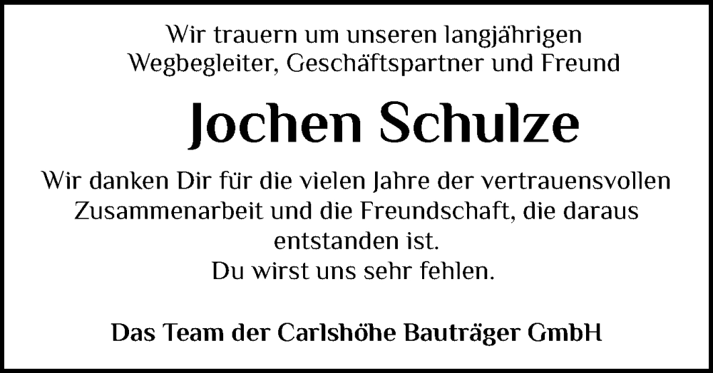  Traueranzeige für Jochen Schulze vom 06.12.2025 aus Eckernförder Zeitung, Hallo Eckernförde