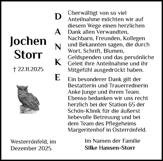 Traueranzeige von Jochen Storr von Schleswig-Holsteinische Landeszeitung