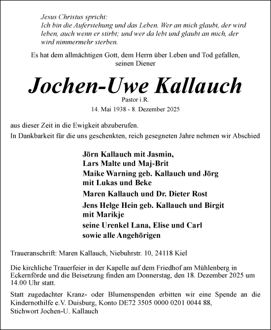 Traueranzeige von Jochen-Uwe Kallauch von Eckernförder Zeitung