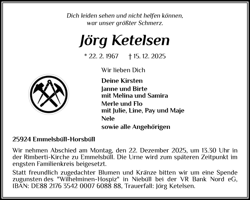  Traueranzeige für Jörg Ketelsen vom 20.12.2025 aus Husumer Nachrichten, Nordfriesland Tageblatt