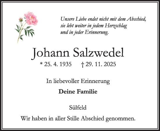 Traueranzeige von Johann Salzwedel von MARKT Ahrensburg/Bargteheide/Trittau und Stormarner Tageblatt