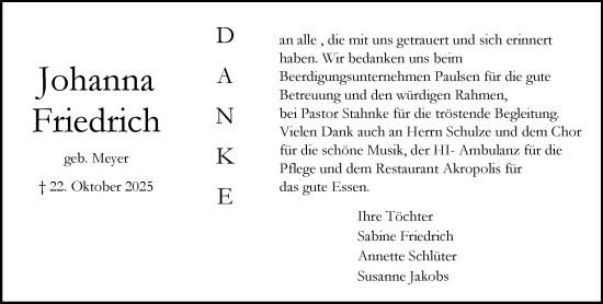Traueranzeige von Johanna Friedrich von MARKT Bad Oldesloe/Reinfeld und Stormarner Tageblatt