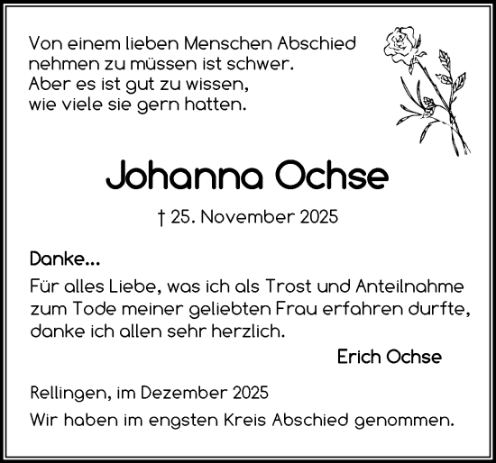 Traueranzeige von Johanna Ochse von Region Pinneberg und tip Pinneberg