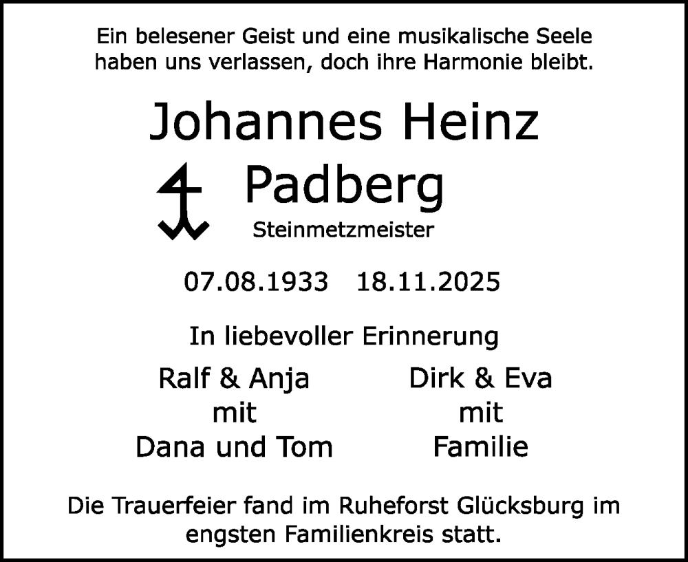  Traueranzeige für Johannes Heinz Padberg vom 13.12.2025 aus Flensburger Tageblatt