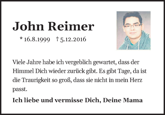 Traueranzeige von John Reimer von Flensburger Tageblatt