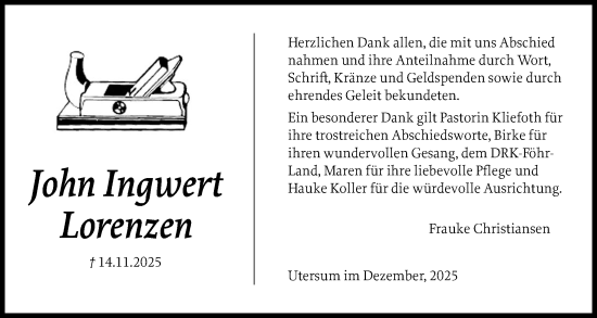 Traueranzeige von John Ingwert Lorenzen von Der Insel-Bote