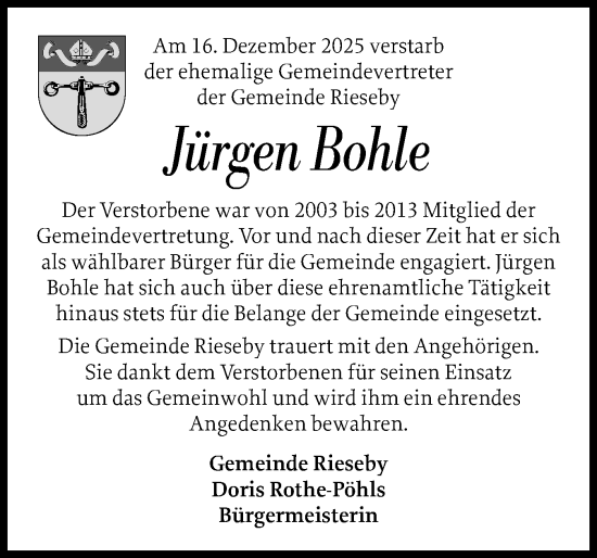 Traueranzeige von Jürgen Bohle von Eckernförder Zeitung