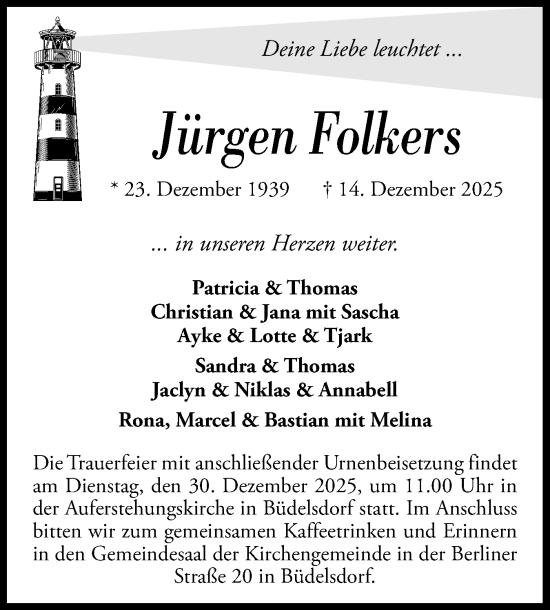 Traueranzeige von Jürgen Folkers von Schleswig-Holsteinische Landeszeitung