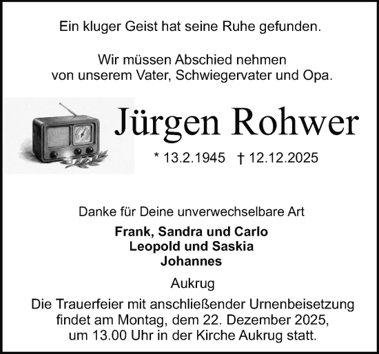 Traueranzeige von Jürgen Rohwer von Schleswig-Holsteinische Landeszeitung