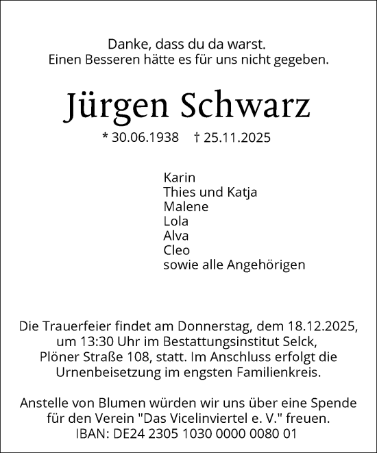 Traueranzeige von Jürgen Schwarz von Holsteinischer Courier