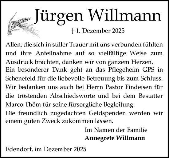 Traueranzeige von Jürgen Willmann von Norddeutsche Rundschau, Wilstersche Zeitung, Glückstädter Fortuna