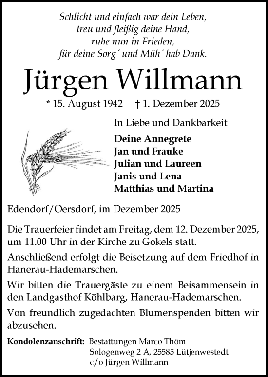 Traueranzeige von Jürgen Willmann von Norddeutsche Rundschau, Wilstersche Zeitung, Glückstädter Fortuna