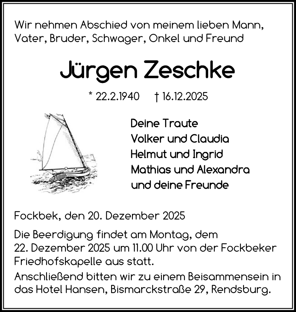  Traueranzeige für Jürgen Zeschke vom 20.12.2025 aus Schleswig-Holsteinische Landeszeitung